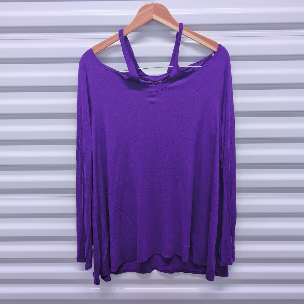 Goldspark Large Women Purple Cold Shoulder Long Sleeve Cut Out Top GT252
